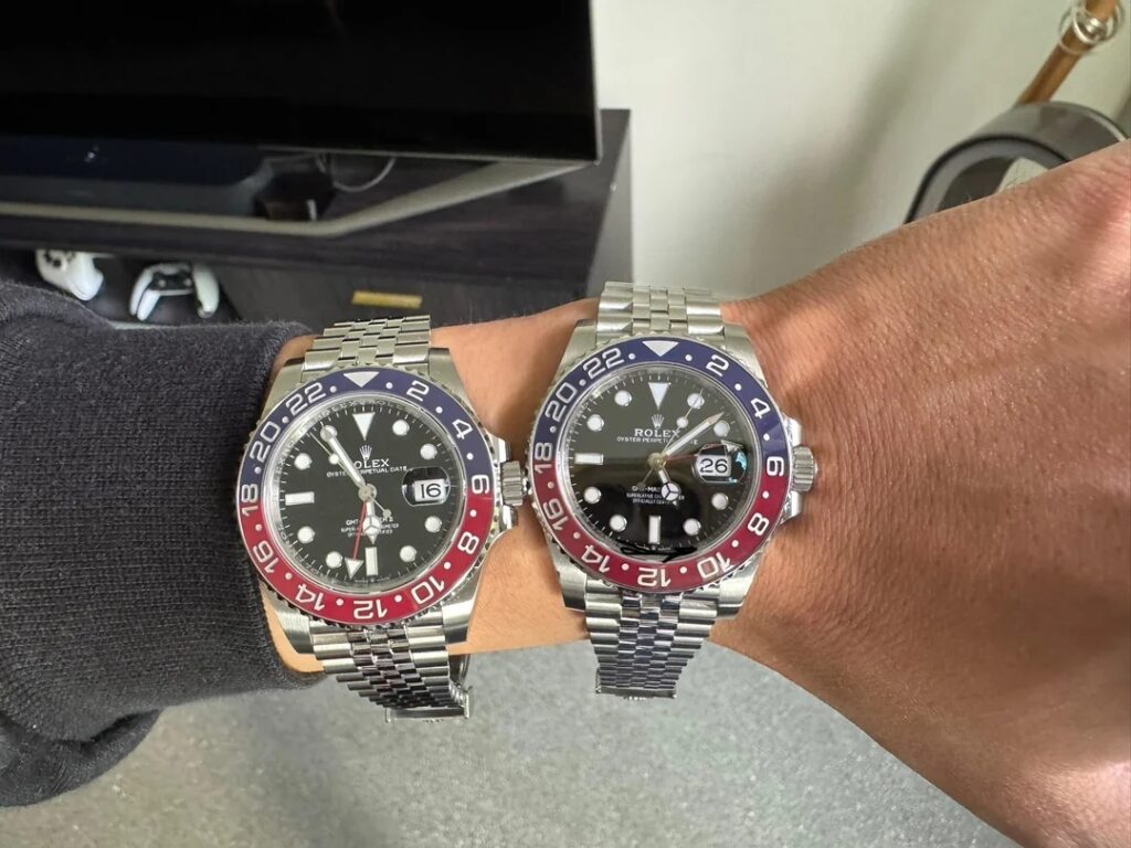Two GMT-Master II Pepsi builds compared on the wrist